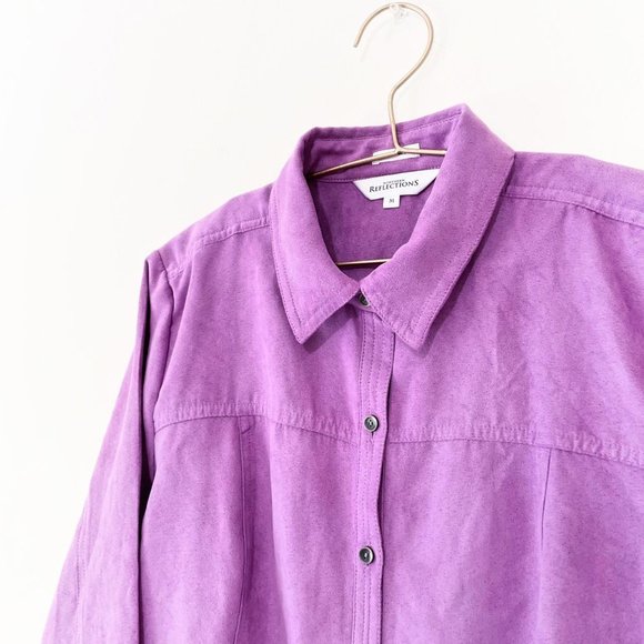 Bright Purple Faux Suede Button Down Long Sleeve Collared Top - Picture 3 of 4